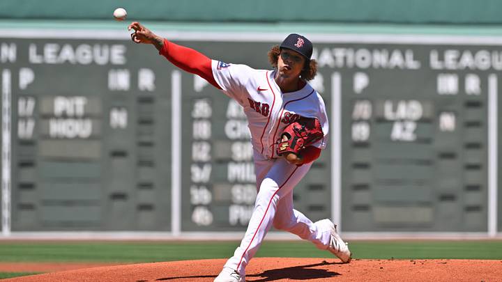 Jun 4, 2026; Boston, Massachusetts, USA; Boston Red Sox starting pitcher Brayan Bello (66) pitches against the Baltimore Orioles during the first inning at Fenway Park. Mandatory Credit: Eric Canha-Imagn Images