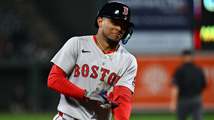  Boston Red Sox outfielder Ceddanne Rafaela (3) reacts to hitting a two-run home run during the ninth inning against the Baltimore Orioles at Oriole Park at Camden Yards.