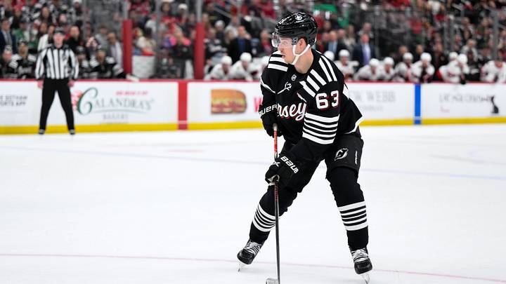 New Jersey Devils left wing Jesper Bratt (63) controls the puck against the Ottawa Senators during the third period at Prudential Center. Mandatory Credit: John Jones-Imagn Images