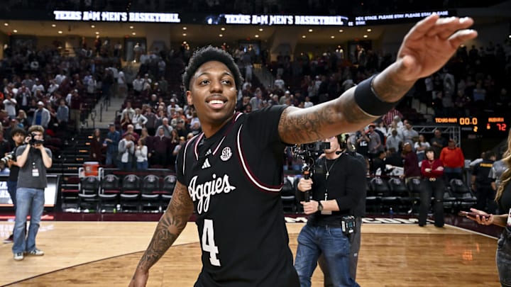 Mar 4, 2025; College Station, Texas, USA; Texas A&M Aggies guard Wade Taylor IV (4) reacts after the game against the Auburn Tigers at Reed Arena. Mandatory Credit: Maria Lysaker-Imagn Images 