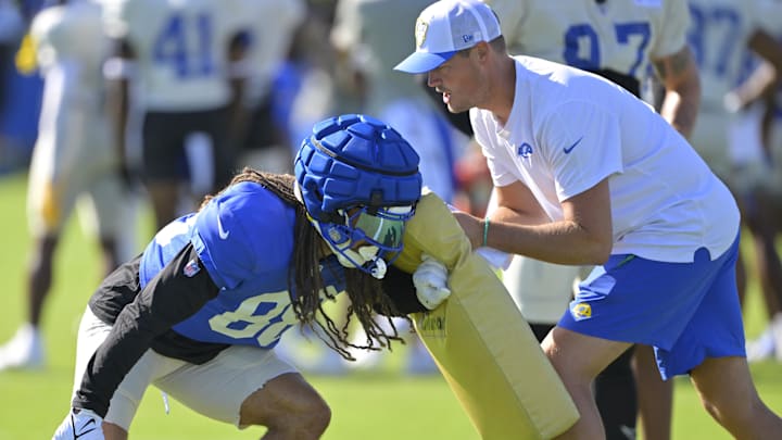 Jul 29, 2024; Los Angeles, CA, USA; Los Angeles Rams wide receiver Jordan Whittington (88) participates during training camp at Loyola Marymount University. Mandatory Credit: Jayne Kamin-Oncea-Imagn Images