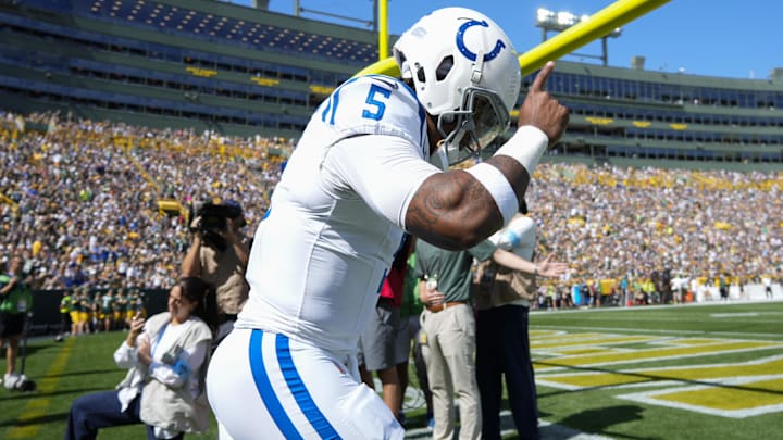 Sep 15, 2024; Green Bay, Wisconsin, USA; Indianapolis Colts quarterback Anthony Richardson (5) prior to the game against the Green Bay Packers at Lambeau Field. Mandatory Credit: Jeff Hanisch-Imagn Images Sep 15, 2024; Green Bay, Wisconsin, USA; Indianapolis Colts quarterback Anthony Richardson (5) prior to the game against the Green Bay Packers at Lambeau Field. Mandatory Credit: Jeff Hanisch-Imagn Images