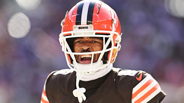 Oct 27, 2024; Cleveland, Ohio, USA; Cleveland Browns cornerback Greg Newsome II (0) celebrates during the second half against the Baltimore Ravens at Huntington Bank Field. Mandatory Credit: Ken Blaze-Imagn Images