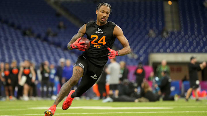 Mar 1, 2025; Indianapolis, IN, USA; Oregon wideout Tez Johnson (WO24) during the 2025 NFL Combine at Lucas Oil Stadium. Mar 1, 2025; Indianapolis, IN, USA; Oregon wideout Tez Johnson (WO24) during the 2025 NFL Combine at Lucas Oil Stadium.