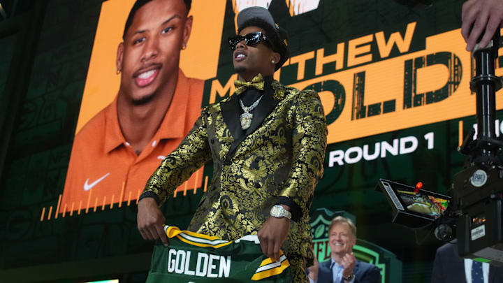 Apr 24, 2025; Green Bay, WI, USA; Texas Longhorns wide receiver Matthew Golden is selected by the Green Bay Packers as the number 23 pick in the first round of the 2025 NFL Draft at Lambeau Field. Mandatory Credit: Kirby Lee-Imagn Images