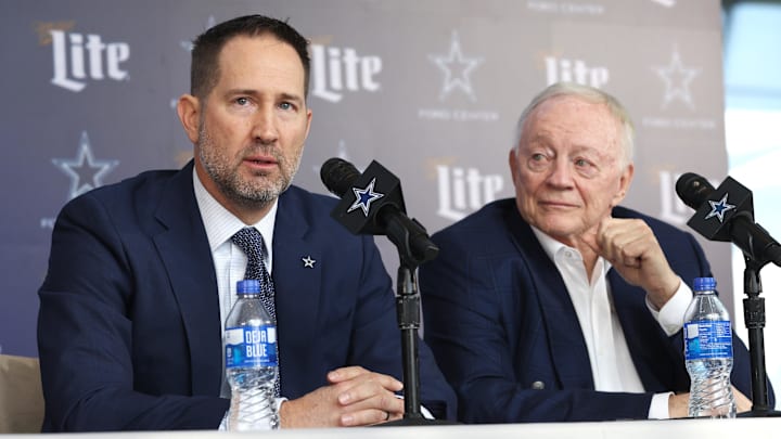 Dallas Cowboys Head Coach Brian Schottenheimer and owner Jerry Jones speak to the media at a press conference at the Star.  