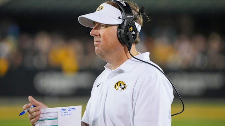 Aug 29, 2024; Columbia, Missouri, USA; Missouri Tigers head coach Eli Drinkwitz on field against the Murray State Racers during the game at Faurot Field at Memorial Stadium. Mandatory Credit: Denny Medley-Imagn Images