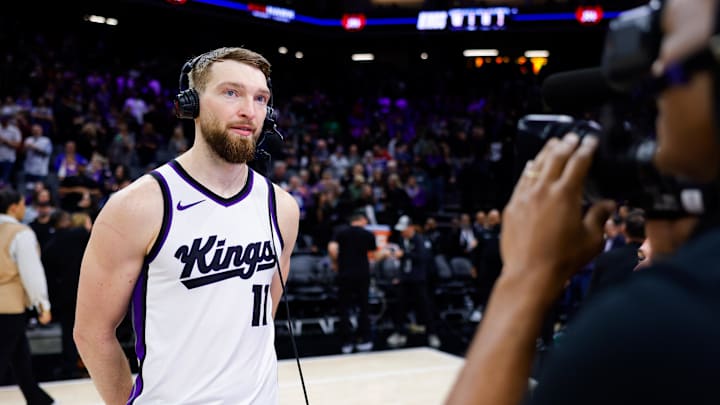 Mar 27, 2025; Sacramento, California, USA; Sacramento Kings forward Domantas Sabonis (11) is interviewed by the media after a game against the Portland Trail Blazers at Golden 1 Center. Mandatory Credit: Sergio Estrada-Imagn Images Mar 27, 2025; Sacramento, California, USA; Sacramento Kings forward Domantas Sabonis (11) is interviewed by the media after a game against the Portland Trail Blazers at Golden 1 Center. Mandatory Credit: Sergio Estrada-Imagn Images