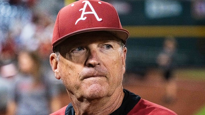 Arkansas Razorbacks head coach Dave Van Horn walks off the field after defeating the UCLA Bruins at Charles Schwab Field.
