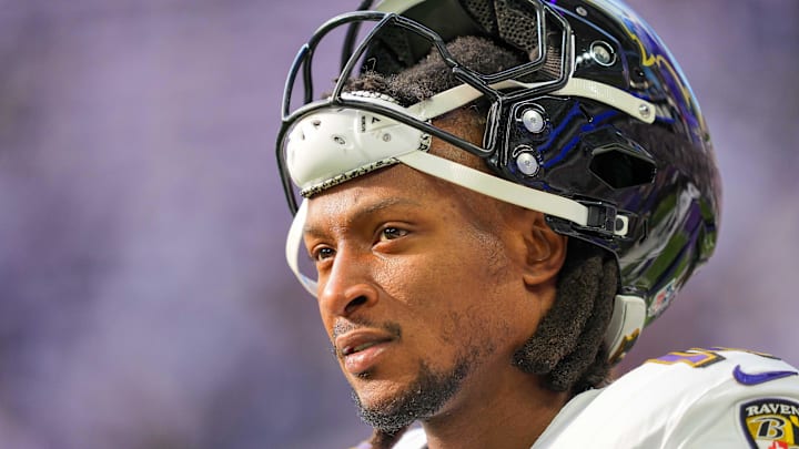 Nov 9, 2025; Minneapolis, Minnesota, USA; Baltimore Ravens wide receiver DeAndre Hopkins (10) warms up before the game against the Minnesota Vikings at U.S. Bank Stadium. Mandatory Credit: Brad Rempel-Imagn Images
