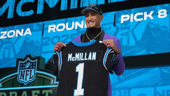 Apr 24, 2025; Green Bay, WI, USA; Arizona Wildcats wide receiver Tetairoa McMillan is selected by the Carolina Panthers as the number eight pick  in the first round of the 2025 NFL Draft at Lambeau Field. Mandatory Credit: Kirby Lee-Imagn Images