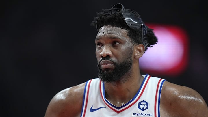 Dec 30, 2024; Portland, Oregon, USA; Philadelphia 76ers center Joel Embiid (21) looks on during the first half against the Portland Trail Blazers at Moda Center. Mandatory Credit: Soobum Im-Imagn Images
