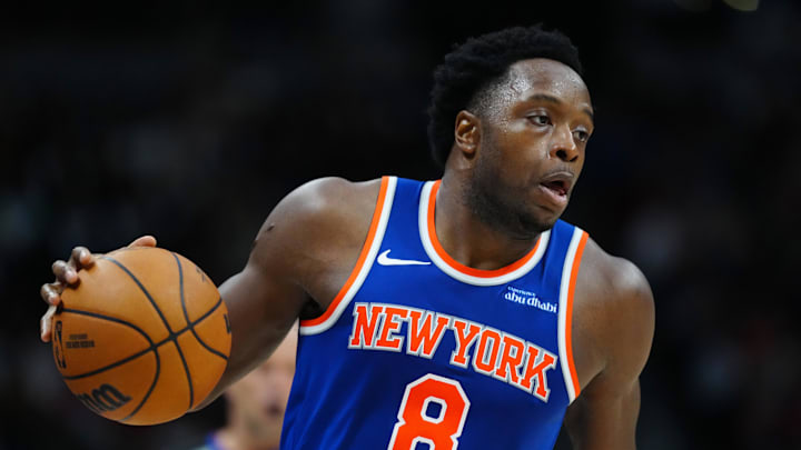iNov 25, 2024; Denver, Colorado, USA; New York Knicks forward OG Anunoby (8) controls the ball in the second half against the Denver Nuggets at Ball Arena. Mandatory Credit: Ron Chenoy-Imagn Images