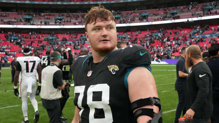 Oct 1, 2023; London, United Kingdom; Jacksonville Jaguars offensive tackle Ben Bartch (78) reacts after an NFL International Series game against the Atlanta Falcons at Wembley Stadium. Mandatory Credit: Kirby Lee-USA TODAY Sports Oct 1, 2023; London, United Kingdom; Jacksonville Jaguars offensive tackle Ben Bartch (78) reacts after an NFL International Series game against the Atlanta Falcons at Wembley Stadium. Mandatory Credit: Kirby Lee-USA TODAY Sports