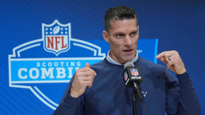 Feb 27, 2025; Indianapolis, IN, USA; Houston Texans general manager Nick Caserio speaks during the 2025 NFL Scouting Combine at the Indiana Convention Center. Mandatory Credit: Kirby Lee-Imagn Images