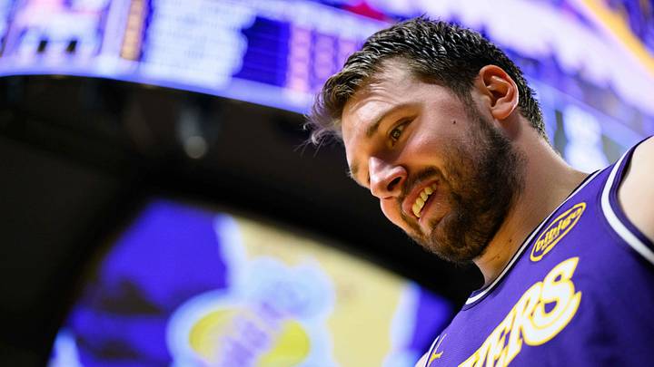 Mar 27, 2026; Los Angeles, California, USA; Los Angeles Lakers guard Luka Doncic (77) reacts after scoring during the second half against the Brooklyn Nets at Crypto.com Arena. Mandatory Credit: William Liang-Imagn Images