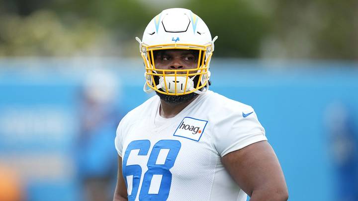 Los Angeles Chargers lineman Jamaree Salyer (68) during organized team activities at the Hoag Performance Center in 2023. Los Angeles Chargers lineman Jamaree Salyer (68) during organized team activities at the Hoag Performance Center in 2023.