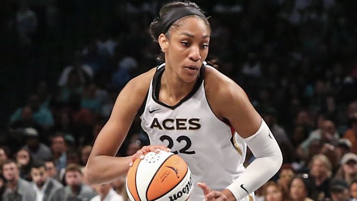 Las Vegas Aces forward A'ja Wilson (22) drives to the basket.