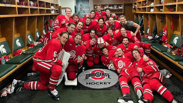 The Ohio State hockey team celebrates after upsetting Michigan State, one of four top-seeded teams eliminated from conference tournaments last weekend. 