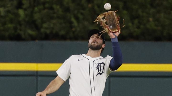 May 24, 2025; Detroit, Michigan, USA; Detroit Tigers outfielder Matt Vierling (8) catches a fly ball in the ninth inning against the Cleveland Guardians at Comerica Park. May 24, 2025; Detroit, Michigan, USA; Detroit Tigers outfielder Matt Vierling (8) catches a fly ball in the ninth inning against the Cleveland Guardians at Comerica Park.