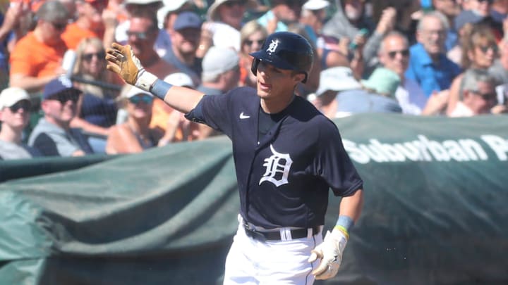 Detroit Tigers infielder Nick Maton (9) homers against the Baltimore Orioles during Grapefruit