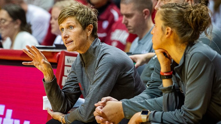 Indiana Head Coach Teri Moren instructs her team during the Indiana versus Brown women's basketball game at Simon Skjodt Assembly Hall on Monday, Nov. 4, 2024.