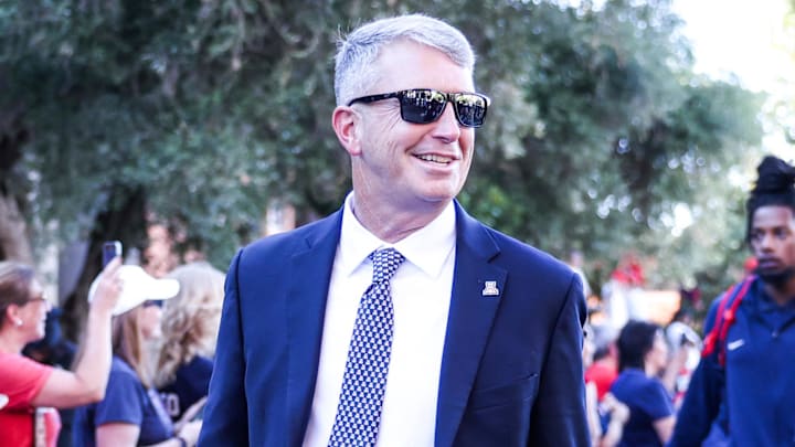 Aug 30, 2025; Tucson, Arizona, USA; Arizona Wildcats head coach Brent Brennan walks down the Wildcat Walk before the start of the game against the Hawaii Rainbow Warriors at Arizona Stadium. Mandatory Credit: Aryanna Frank-Imagn Images