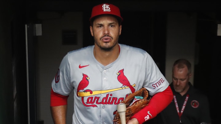 Jul 22, 2024; Pittsburgh, Pennsylvania, USA; St. Louis Cardinals third baseman Nolan Arenado (28) enters the dugout to play the Pittsburgh Pirates at PNC Park. Mandatory Credit: Charles LeClaire-Imagn Images Jul 22, 2024; Pittsburgh, Pennsylvania, USA; St. Louis Cardinals third baseman Nolan Arenado (28) enters the dugout to play the Pittsburgh Pirates at PNC Park. Mandatory Credit: Charles LeClaire-Imagn Images