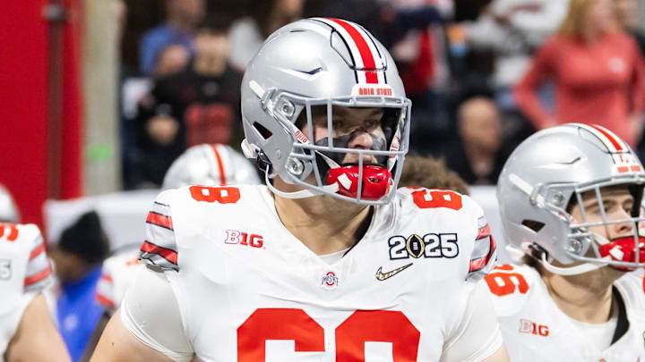 Jan 20, 2025; Atlanta, GA, USA; Ohio State Buckeyes offensive lineman George Fitzpatrick (68) against the Notre Dame Fighting Irish during the CFP National Championship college football game at Mercedes-Benz Stadium. Mandatory Credit: Mark J. Rebilas-Imagn Images Jan 20, 2025; Atlanta, GA, USA; Ohio State Buckeyes offensive lineman George Fitzpatrick (68) against the Notre Dame Fighting Irish during the CFP National Championship college football game at Mercedes-Benz Stadium. Mandatory Credit: Mark J. Rebilas-Imagn Images