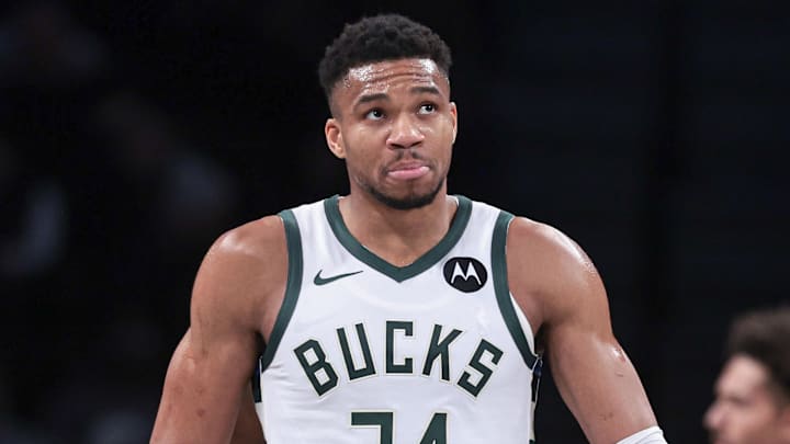 Dec 27, 2023; Brooklyn, New York, USA; Milwaukee Bucks forward Giannis Antetokounmpo (34) looks up during the first half against the Brooklyn Nets at Barclays Center. Mandatory Credit: Vincent Carchietta-Imagn Images