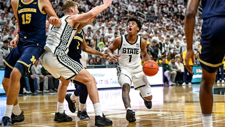 Michigan State's Jeremy Fears Jr. moves the ball against Michigan during the second half on Friday, Jan. 30, 2026, at the Breslin Center in East Lansing.