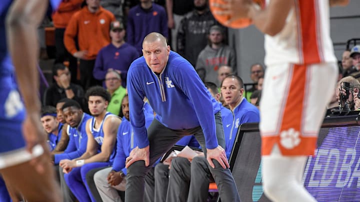 Dec 3, 2024; Clemson, South Carolina, USA; Kentucky Head Coach Mark Pope watches Clemson run their offense with his defense during the second half at Littlejohn Coliseum.   Mandatory Credit: Ken Ruinard/USA TODAY Network via Imagn Images