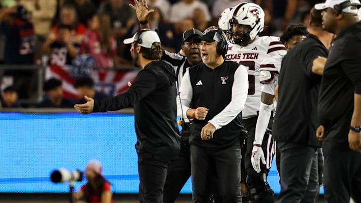 Oct 5, 2024; Tucson, Arizona, USA; Texas Tech Red Raiders head coach Joey McGuire yells at team during fourth quarter. Mandatory Credit: Aryanna Frank-Imagn Images