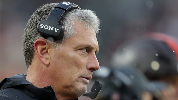 Cleveland Browns defensive coordinator Jim Schwartz works the sideline during the second half of an NFL football game at Huntington Bank Field, Dec. 7, 2025, in Cleveland, Ohio.