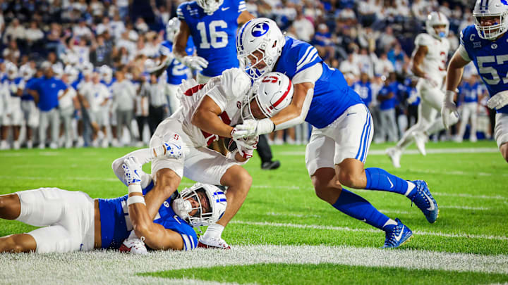 BYU linebacker Jack Kelly and Faletau Satuala force a safety against Stanford
