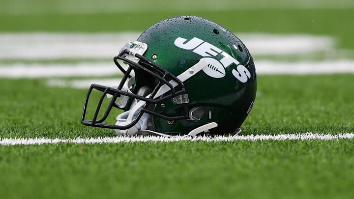 Dec 29, 2019; Orchard Park, New York, USA; General view of a New York Jets helmet prior to the game against the Buffalo Bills at New Era Field. Mandatory Credit: Rich Barnes-Imagn Images