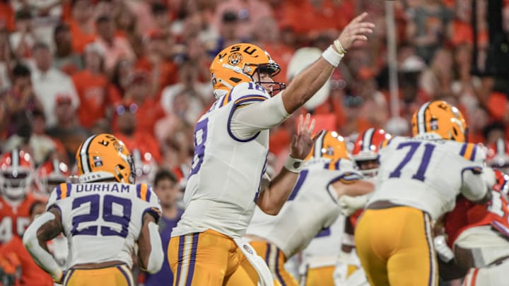 Louisiana State University quarterback Garrett Nussmeier (18) passes the ball during the first quarter at Memorial Stadium in Clemson, S.C. Saturday, Aug 30, 2025.