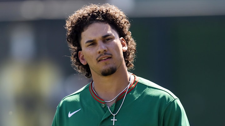 Mar 4, 2026; Glendale, AZ, USA; Team Mexico outfielder Alek Thomas against the Los Angeles Dodgers during a spring training game at Camelback Ranch. Mandatory Credit: Mark J. Rebilas-Imagn Images
