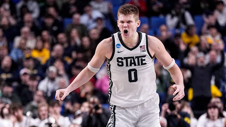 Michigan State forward Jaxon Kohler (0) celebrates a 3-pointer against Louisville during the second half of NCAA Tournament Second Round at KeyBank Center in Buffalo on Saturday, March 21, 2026. Michigan State forward Jaxon Kohler (0) celebrates a 3-pointer against Louisville during the second half of NCAA Tournament Second Round at KeyBank Center in Buffalo on Saturday, March 21, 2026.