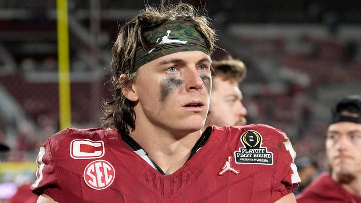 Oklahoma's John Mateer (10) reacts following the College Football Playoff game between the University of Oklahoma Sooners (OU) and the Alabama Crimson Tide at the Gaylord Family – Oklahoma Memorial Stadium in Norman, Okla., Friday Dec. 19, 2025.