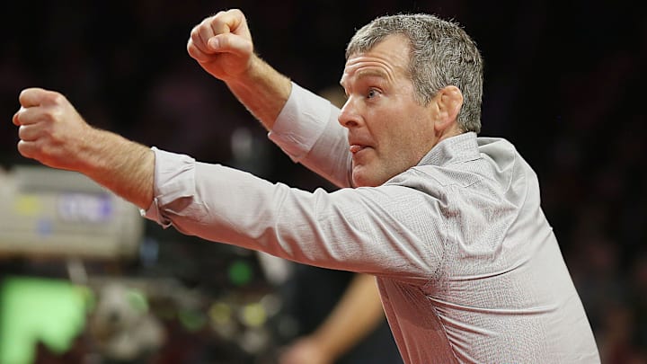 Iowa wrestling head coach Tom Brands reacts from the bench during a dual against Iowa State at Hilton Coliseum on Sunday, Nov. 26, 2023, in Ames, Iowa.