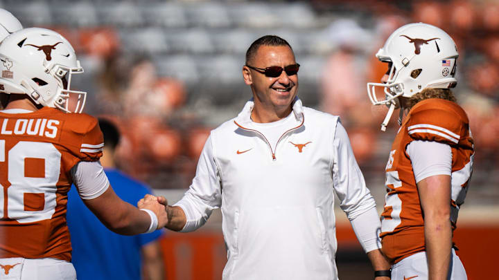 Texas Longhorns Head Coach Steve Sarkisian talks with the special teams as they warm up ahead of the Longhorns' game against the Florida Gators, Nov. 9, 2024 at Darrell K. Royal Texas Memorial Stadium in Austin.
