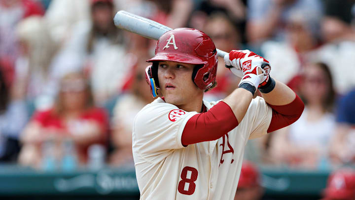 Arkansas Razorback first baseman Cam Kozeal stands at the plate at Baum-Walker Stadium in Fayetteville