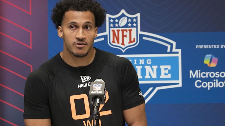 Feb 28, 2025; Indianapolis, IN, USA; Stanford wideout Elic Ayomanor (WO02)answers questions at a press conference during the 2025 NFL Combine at Indiana Convention Center. Mandatory Credit: Stephanie Amador Blondet-Imagn Images Feb 28, 2025; Indianapolis, IN, USA; Stanford wideout Elic Ayomanor (WO02)answers questions at a press conference during the 2025 NFL Combine at Indiana Convention Center. Mandatory Credit: Stephanie Amador Blondet-Imagn Images