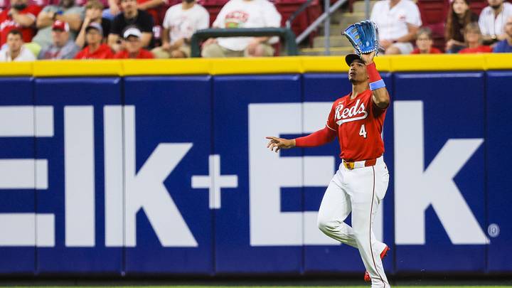 Jun 22, 2026; Cincinnati, Ohio, USA; Cincinnati Reds outfielder Noelvi Marte (4) catches a fly out hit by Milwaukee Brewers outfielder Sal Frelick (not pictured) in the seventh inning at Great American Ball Park. Mandatory Credit: Katie Stratman-Imagn Images Jun 22, 2026; Cincinnati, Ohio, USA; Cincinnati Reds outfielder Noelvi Marte (4) catches a fly out hit by Milwaukee Brewers outfielder Sal Frelick (not pictured) in the seventh inning at Great American Ball Park. Mandatory Credit: Katie Stratman-Imagn Images
