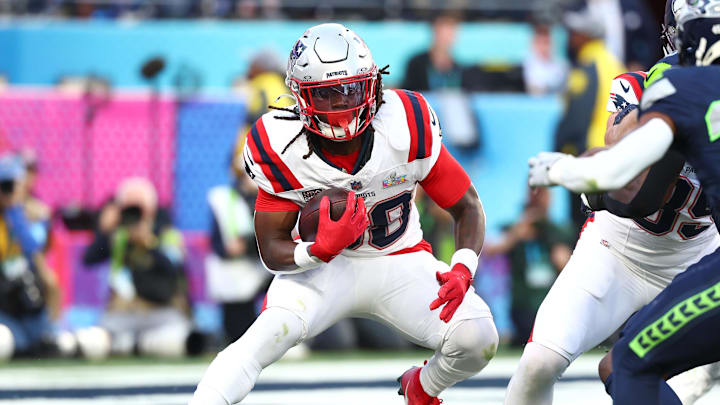 Feb 8, 2026; Santa Clara, CA, USA; New England Patriots running back Rhamondre Stevenson (38) runs against the Seattle Seahawks during the second quarter in Super Bowl LX at Levi's Stadium. Mandatory Credit: Mark J. Rebilas-Imagn Images