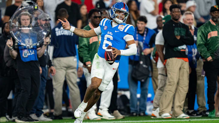 Ole Miss quarterback Trinidad Chambliss (6) celebrates a play during the CFP Fiesta Bowl against Miami at the State Farm Stadium, in Glendale, Ariz., on Thursday, Jan. 8, 2026.