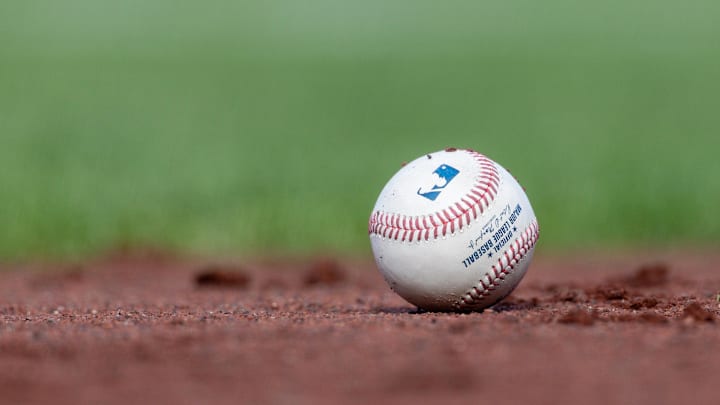 Jul 27, 2025; San Francisco, California, USA; A MLB baseball sits on the infield during the game between the San Francisco Giants and the New York Mets at Oracle Park. Mandatory Credit: Bob Kupbens-Imagn Images