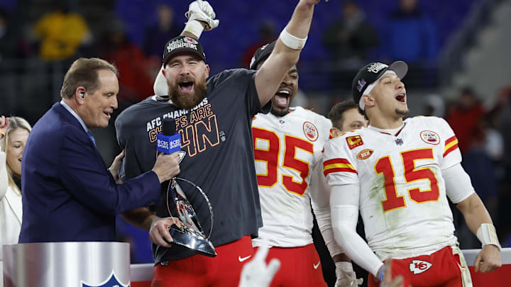 The Chiefs celebrate after beating the Ravens in the AFC Championship game