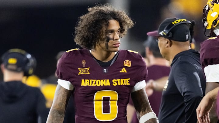 Nov 28, 2025; Tempe, Arizona, USA; Arizona State Sun Devils wide receiver Jordyn Tyson (0) against the Arizona Wildcats during the 99th Territorial Cup at Mountain America Stadium. Mandatory Credit: Mark J. Rebilas-Imagn Images
